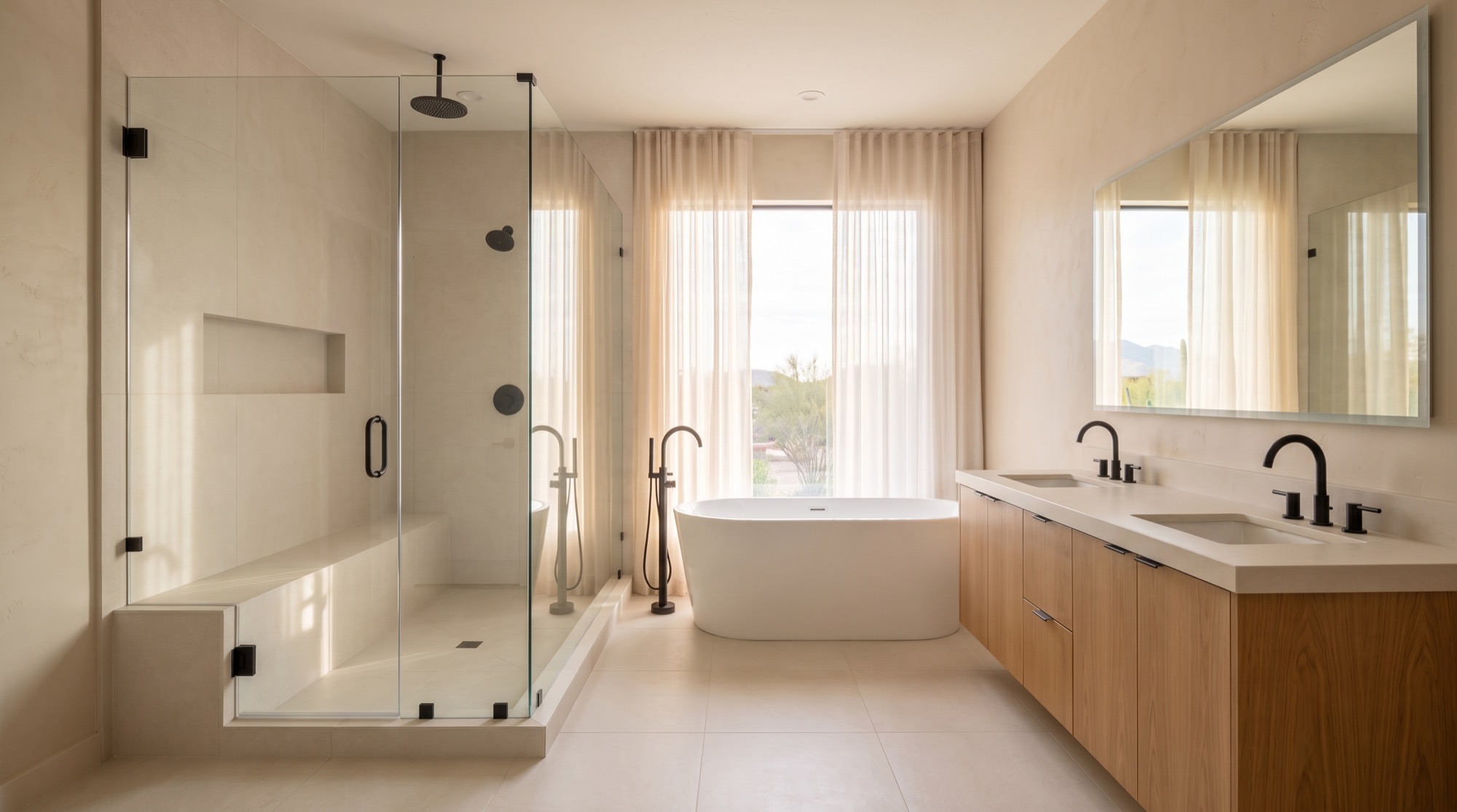 Warm minimal bathroom, design concept